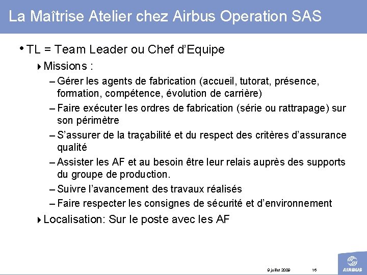 La Maîtrise Atelier chez Airbus Operation SAS • TL = Team Leader ou Chef