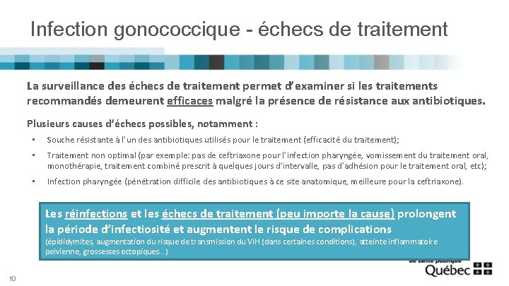 Infection gonococcique - échecs de traitement La surveillance des échecs de traitement permet d’examiner