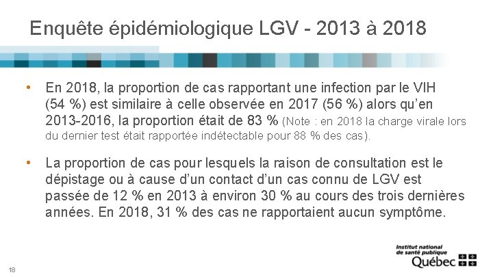 Enquête épidémiologique LGV - 2013 à 2018 • En 2018, la proportion de cas