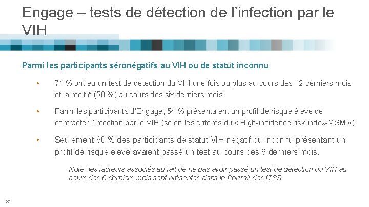 Engage – tests de détection de l’infection par le VIH Parmi les participants séronégatifs