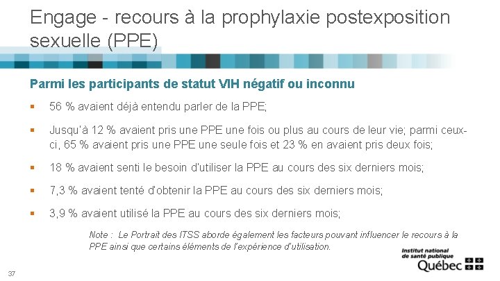 Engage - recours à la prophylaxie postexposition sexuelle (PPE) Parmi les participants de statut