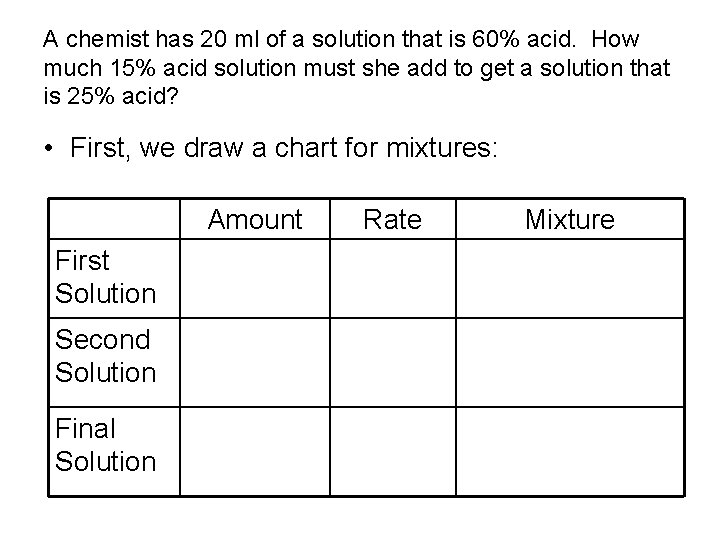 A chemist has 20 ml of a solution that is 60% acid. How much