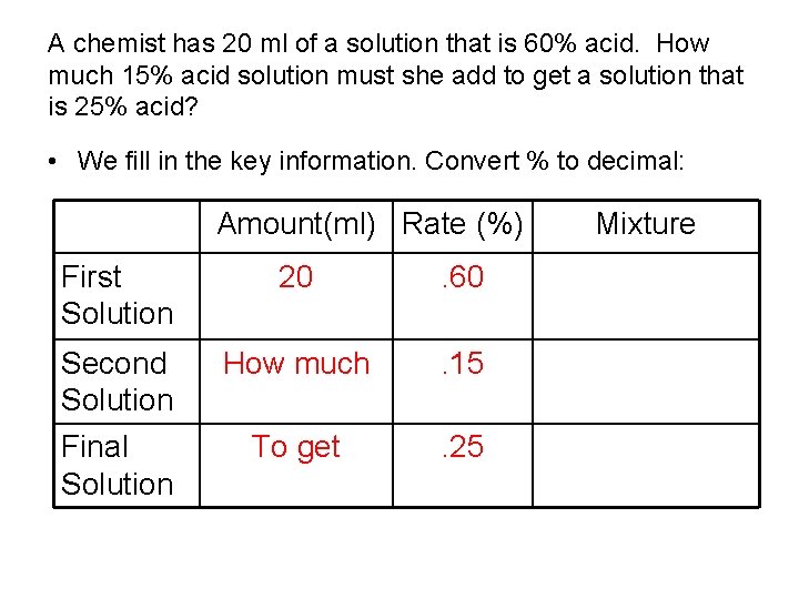 A chemist has 20 ml of a solution that is 60% acid. How much