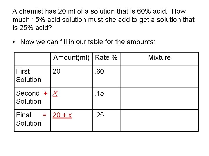 A chemist has 20 ml of a solution that is 60% acid. How much