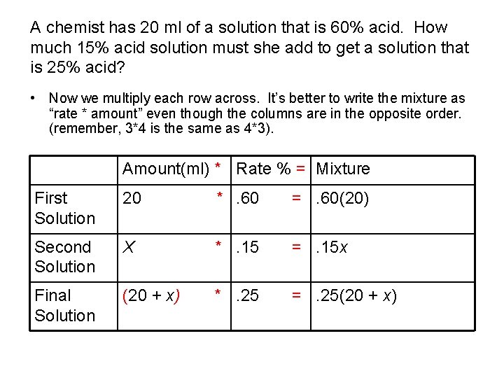 A chemist has 20 ml of a solution that is 60% acid. How much