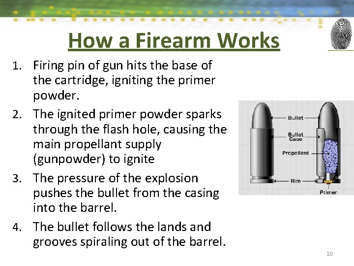How a Firearm Works 1. Firing pin of gun hits the base of the