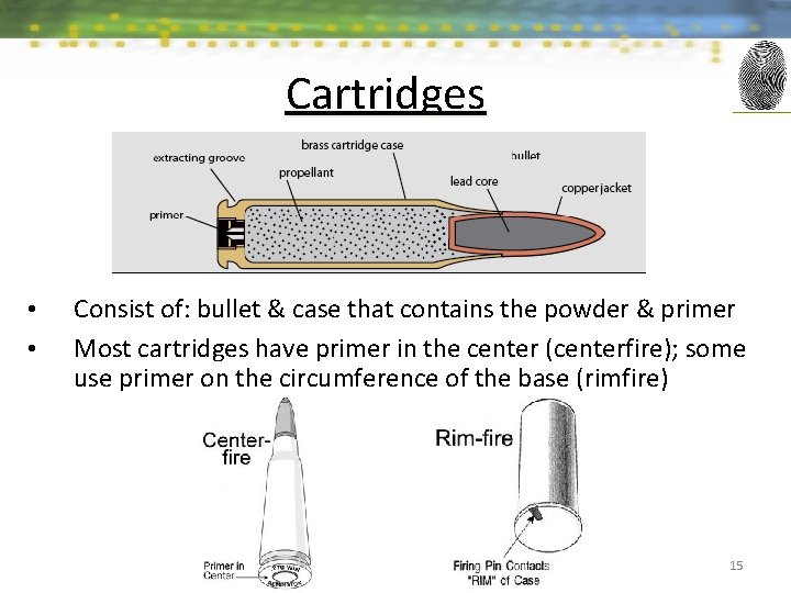 Cartridges • • Consist of: bullet & case that contains the powder & primer
