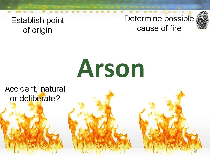 Establish point of origin Accident, natural or deliberate? Determine possible cause of fire Arson