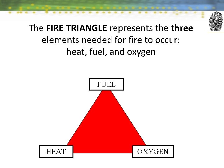 The FIRE TRIANGLE represents the three elements needed for fire to occur: heat, fuel,