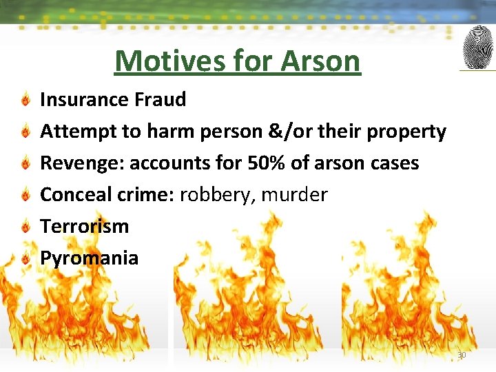 Motives for Arson Insurance Fraud Attempt to harm person &/or their property Revenge: accounts