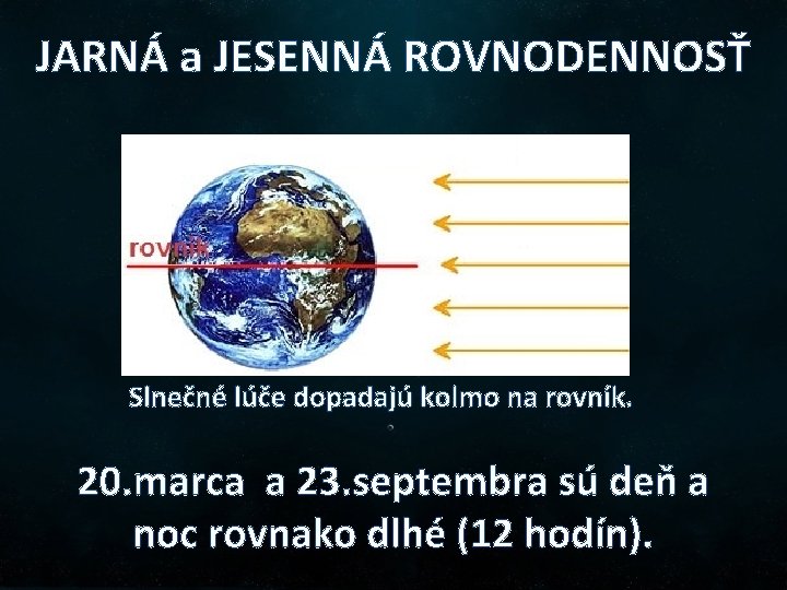 JARNÁ a JESENNÁ ROVNODENNOSŤ Slnečné lúče dopadajú kolmo na rovník. 20. marca a 23.