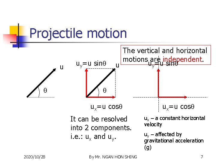 Projectile motion u uy=u sin The vertical and horizontal motions are independent. uy=u sin