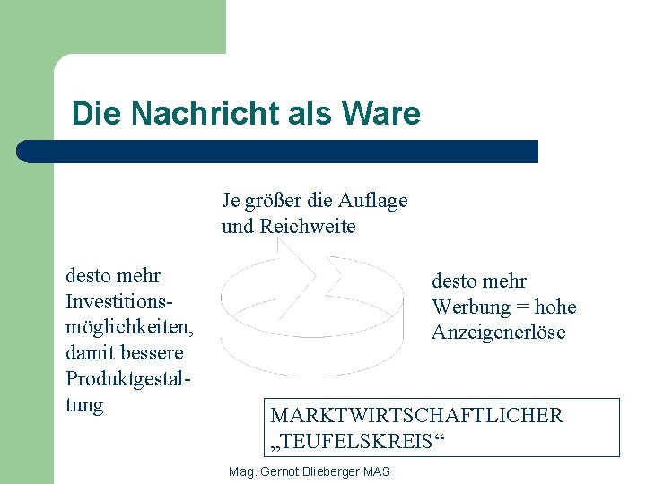 Die Nachricht als Ware Je größer die Auflage und Reichweite desto mehr Investitionsmöglichkeiten, damit