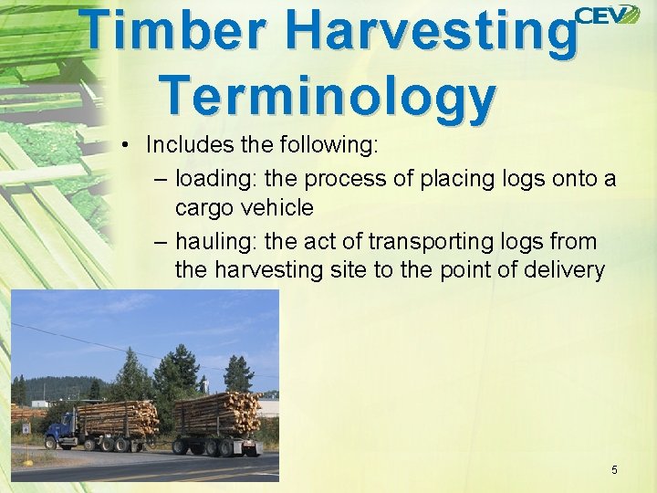 Timber Harvesting Terminology • Includes the following: – loading: the process of placing logs