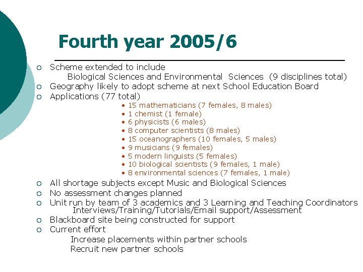 Fourth year 2005/6 ¡ ¡ ¡ Scheme extended to include Biological Sciences and Environmental