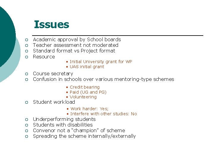 Issues ¡ ¡ ¡ Academic approval by School boards Teacher assessment not moderated Standard