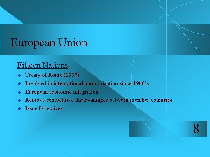 European Union Fifteen Nations: u u u Treaty of Rome (1957) Involved in international