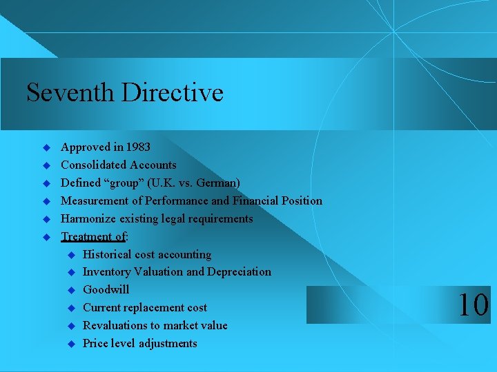 Seventh Directive u u u Approved in 1983 Consolidated Accounts Defined “group” (U. K.