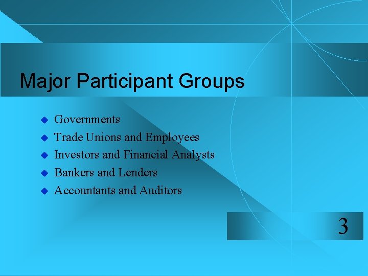 Major Participant Groups u u u Governments Trade Unions and Employees Investors and Financial