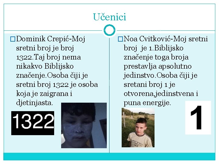 Učenici �Dominik Crepić-Moj sretni broj je broj 1322. Taj broj nema nikakvo Biblijsko značenje.