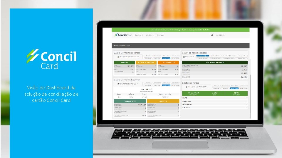 Visão do Dashboard da solução de conciliação de cartão Concil Card 