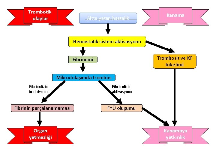 Trombotik olaylar Altta yatan hastalık Kanama Hemostatik sistem aktivasyonu Trombosit ve KF tüketimi Fibrinemi