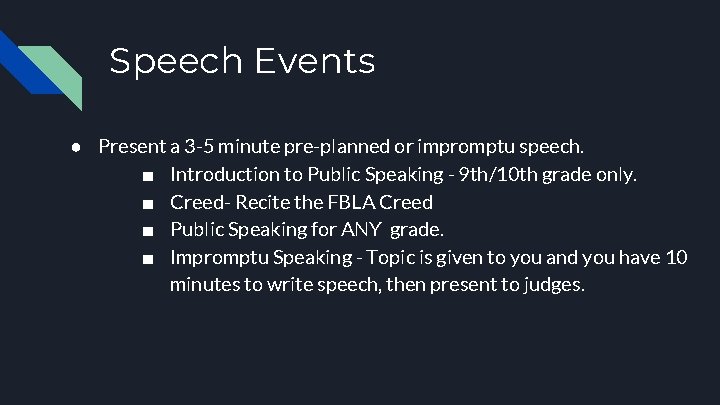 Speech Events ● Present a 3 -5 minute pre-planned or impromptu speech. ■ Introduction