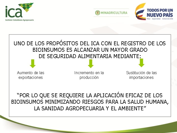 UNO DE LOS PROPÓSITOS DEL ICA CON EL REGISTRO DE LOS BIOINSUMOS ES ALCANZAR