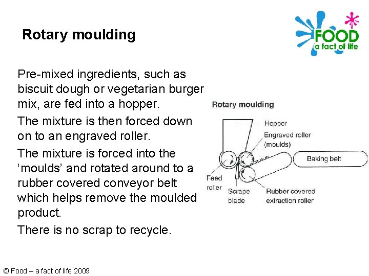 Rotary moulding Pre-mixed ingredients, such as biscuit dough or vegetarian burger mix, are fed