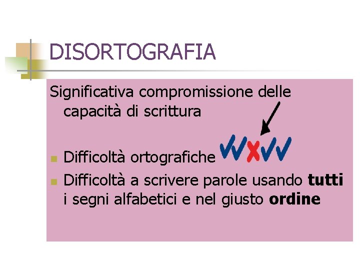 DISORTOGRAFIA Significativa compromissione delle capacità di scrittura n n Difficoltà ortografiche Difficoltà a scrivere