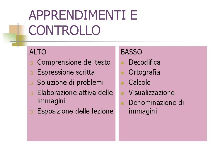 APPRENDIMENTI E CONTROLLO ALTO q Comprensione del testo q Espressione scritta q Soluzione di