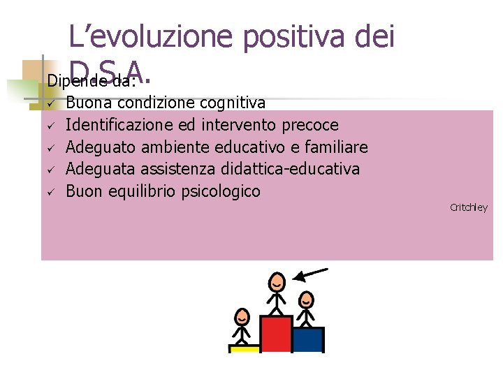 L’evoluzione positiva dei D. S. A. Dipende da: ü ü ü Buona condizione cognitiva