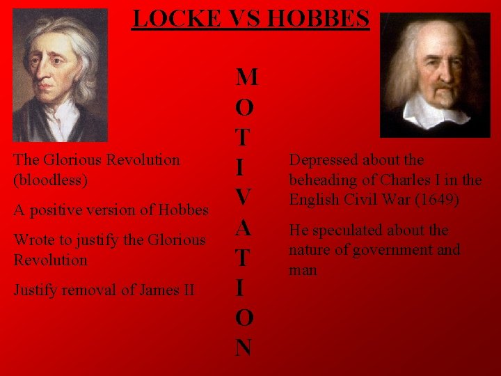 LOCKE VS HOBBES The Glorious Revolution (bloodless) A positive version of Hobbes Wrote to