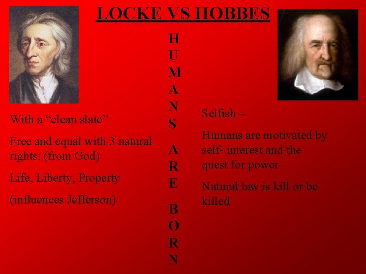 LOCKE VS HOBBES With a “clean slate” Free and equal with 3 natural rights: