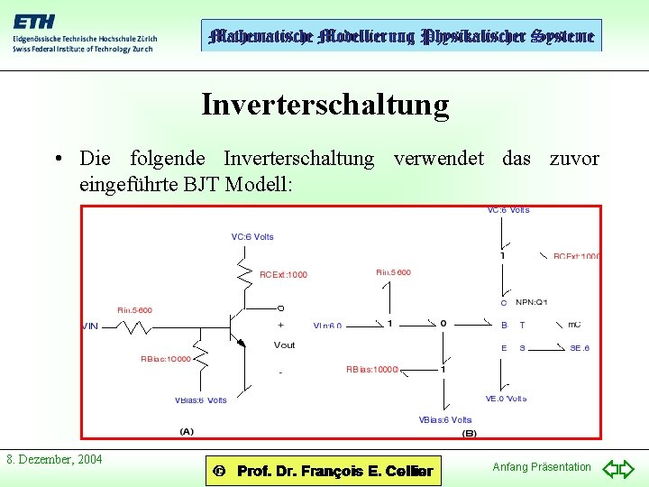 Inverterschaltung • Die folgende Inverterschaltung verwendet das zuvor eingeführte BJT Modell: 8. Dezember, 2004