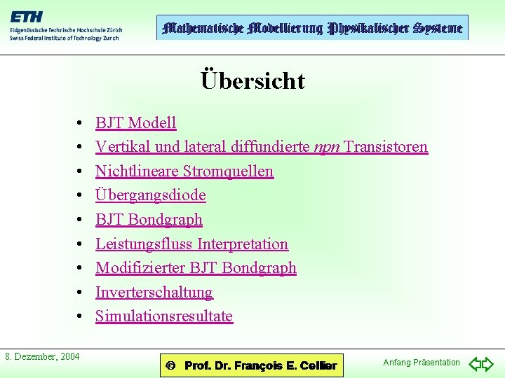 Übersicht • • • 8. Dezember, 2004 BJT Modell Vertikal und lateral diffundierte npn