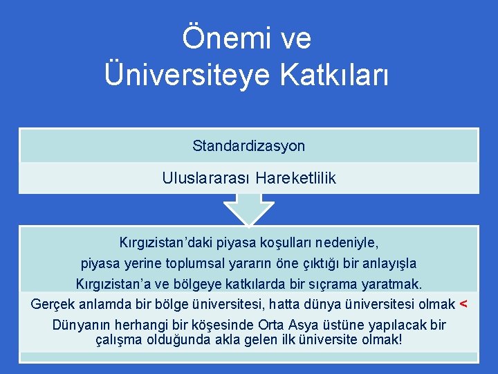 Önemi ve Üniversiteye Katkıları Standardizasyon Uluslararası Hareketlilik Kırgızistan’daki piyasa koşulları nedeniyle, piyasa yerine toplumsal