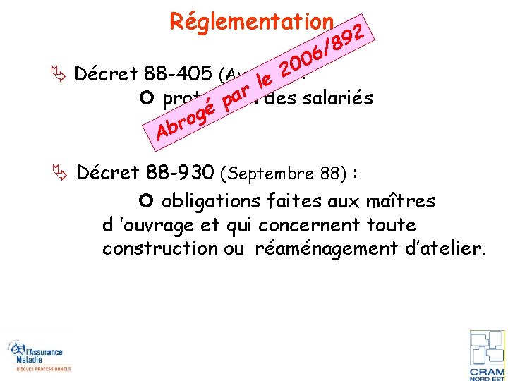 Réglementation 2 9 8 / 6 0 0 2 : Décret 88 -405 (Avrille
