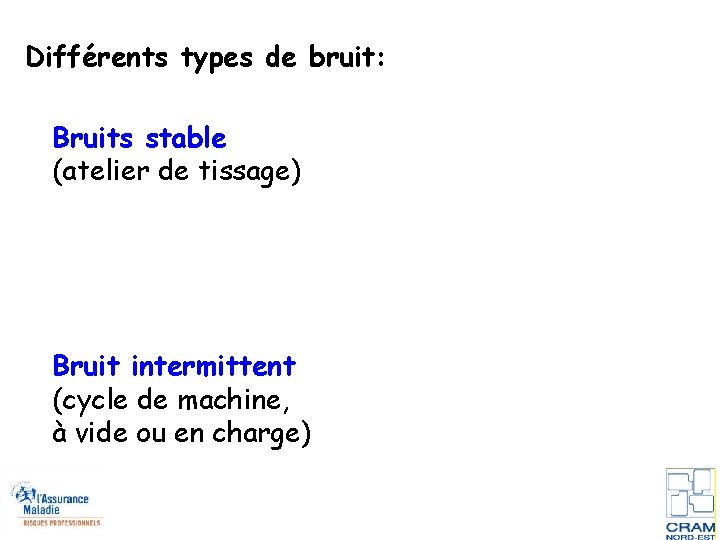 Différents types de bruit: Bruits stable (atelier de tissage) Bruit intermittent (cycle de machine,