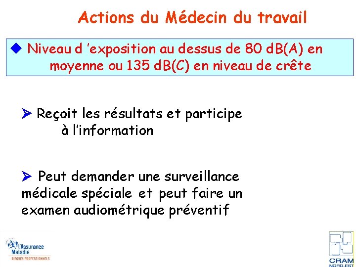 Actions du Médecin du travail Niveau d ’exposition au dessus de 80 d. B(A)