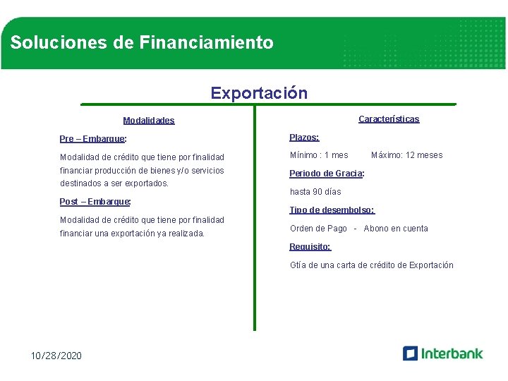 Soluciones de Financiamiento Exportación Características Modalidades Pre – Embarque: Plazos: Modalidad de crédito que