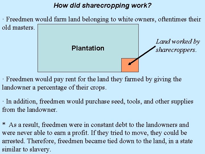 How did sharecropping work? · Freedmen would farm land belonging to white owners, oftentimes