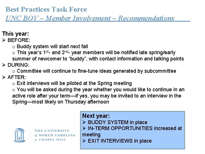 Best Practices Task Force UNC BOV – Member Involvement – Recommendations This year: Ø