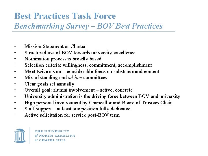 Best Practices Task Force Benchmarking Survey – BOV Best Practices • • • Mission