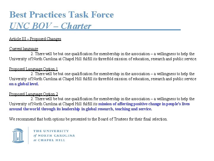 Best Practices Task Force UNC BOV – Charter Article III – Proposed Changes Current