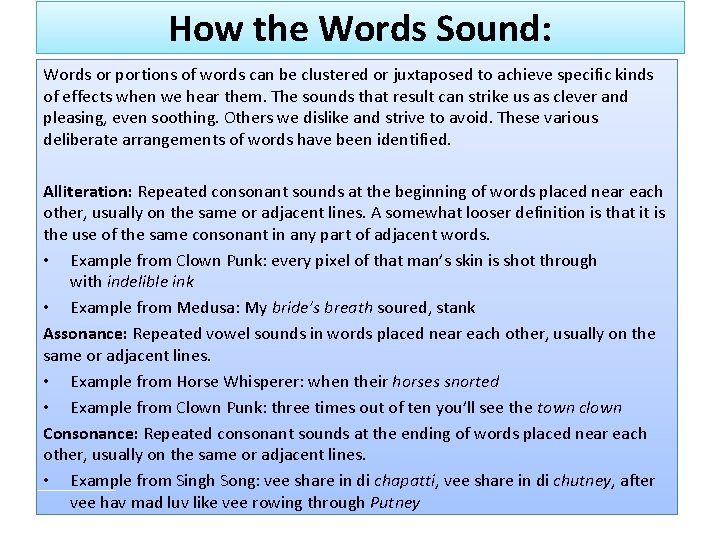 How the Words Sound: Words or portions of words can be clustered or juxtaposed