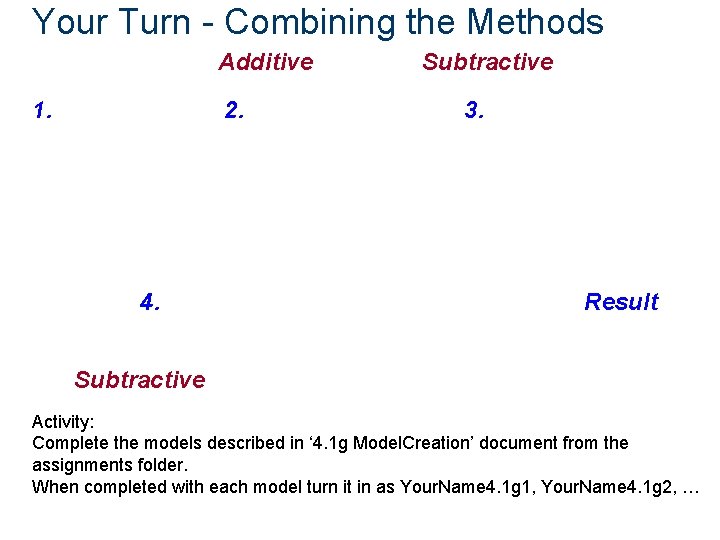 Your Turn - Combining the Methods Additive 1. 2. 4. Subtractive 3. Result Subtractive