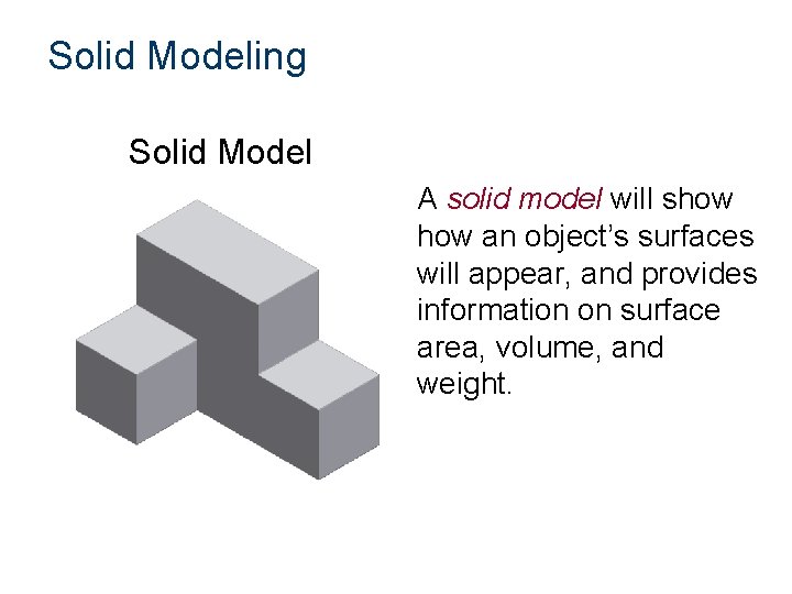 Solid Modeling Solid Model A solid model will show an object’s surfaces will appear, Solid Modeling Solid Model A solid model will show an object’s surfaces will appear,