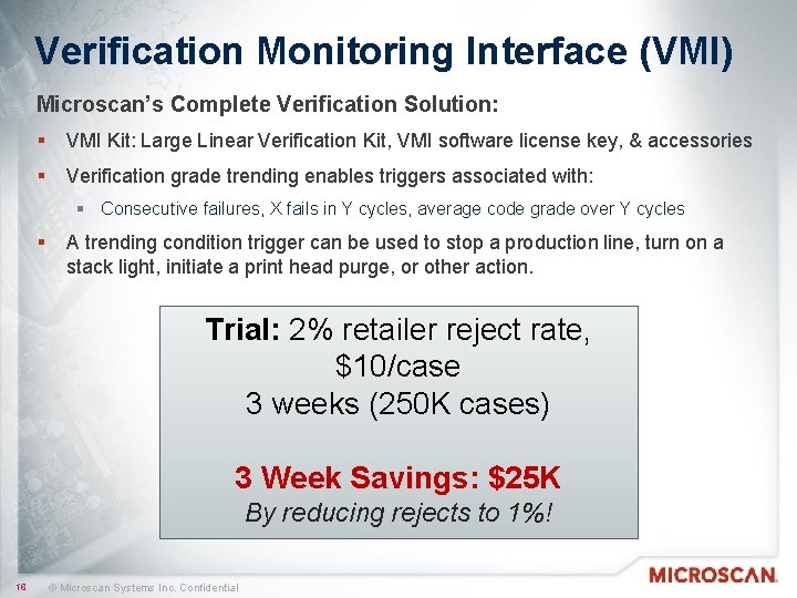 Verification Monitoring Interface (VMI) Microscan’s Complete Verification Solution: § VMI Kit: Large Linear Verification