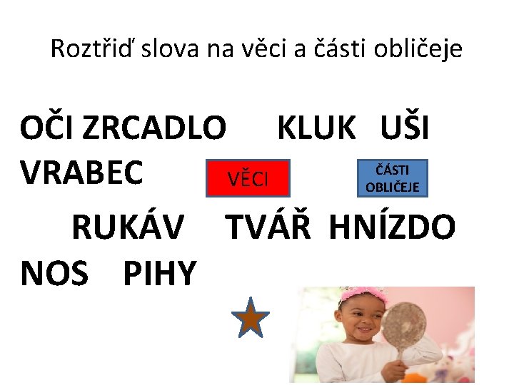 Roztřiď slova na věci a části obličeje OČI ZRCADLO KLUK UŠI VRABEC VĚCI RUKÁV